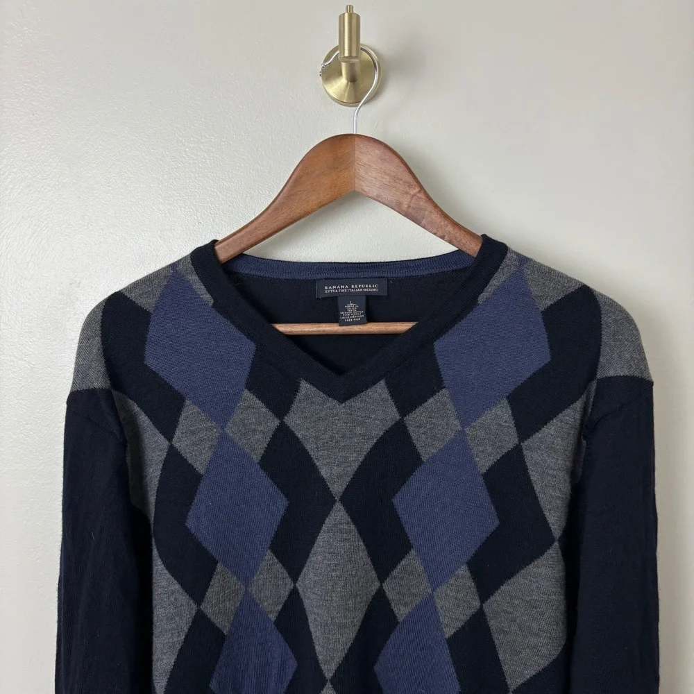 Banana Republic Sweater Men's M/L Extra Fine Merino Wool Blue Argyle Y2K Vintage